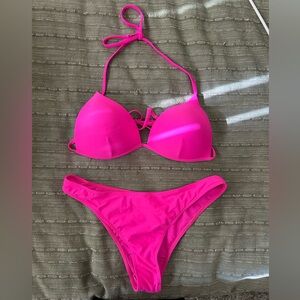 SHEIN Swim Hot Pink Vcay Solid Bikini Set Push Up Bra & Bikini Large